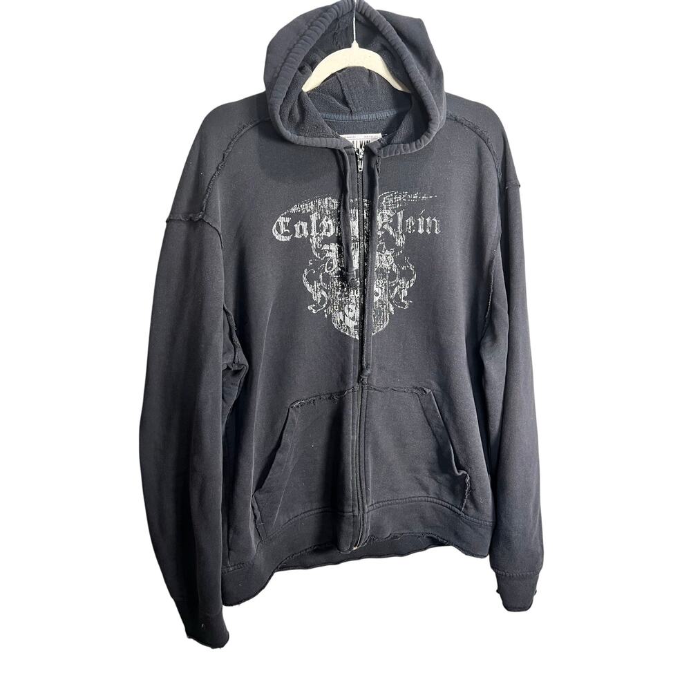 Vintage Calvin Klein Faded Distressed Zip Up Hoodie Sz L Skull Y2K Streetwear